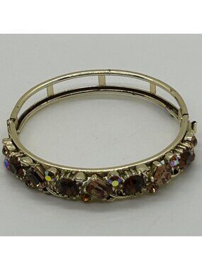 Lisner Bangle Bracelet Gold-Tone Brown Aurora Borealis Rhinestone Vintage READ